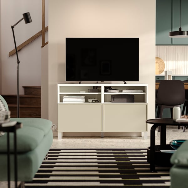 BESTÅ TV cabinet with doors, white/Krukmakare beige, 120x42x74 cm