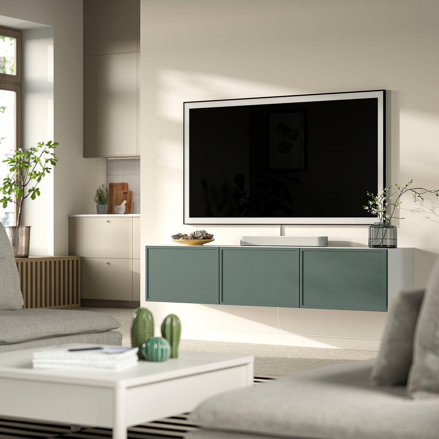 BESTÅ TV bench with doors, white/Krukmakare dark grey-green, 180x42x38 cm
