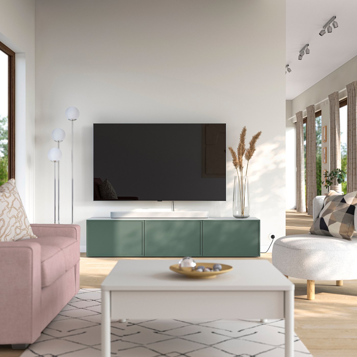 BESTÅ TV bench with doors, white/Krukmakare dark grey-green, 180x38x42 cm