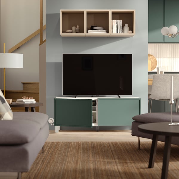 BESTÅ TV bench with doors, white/Krukmakare dark grey-green, 120x42x48 cm