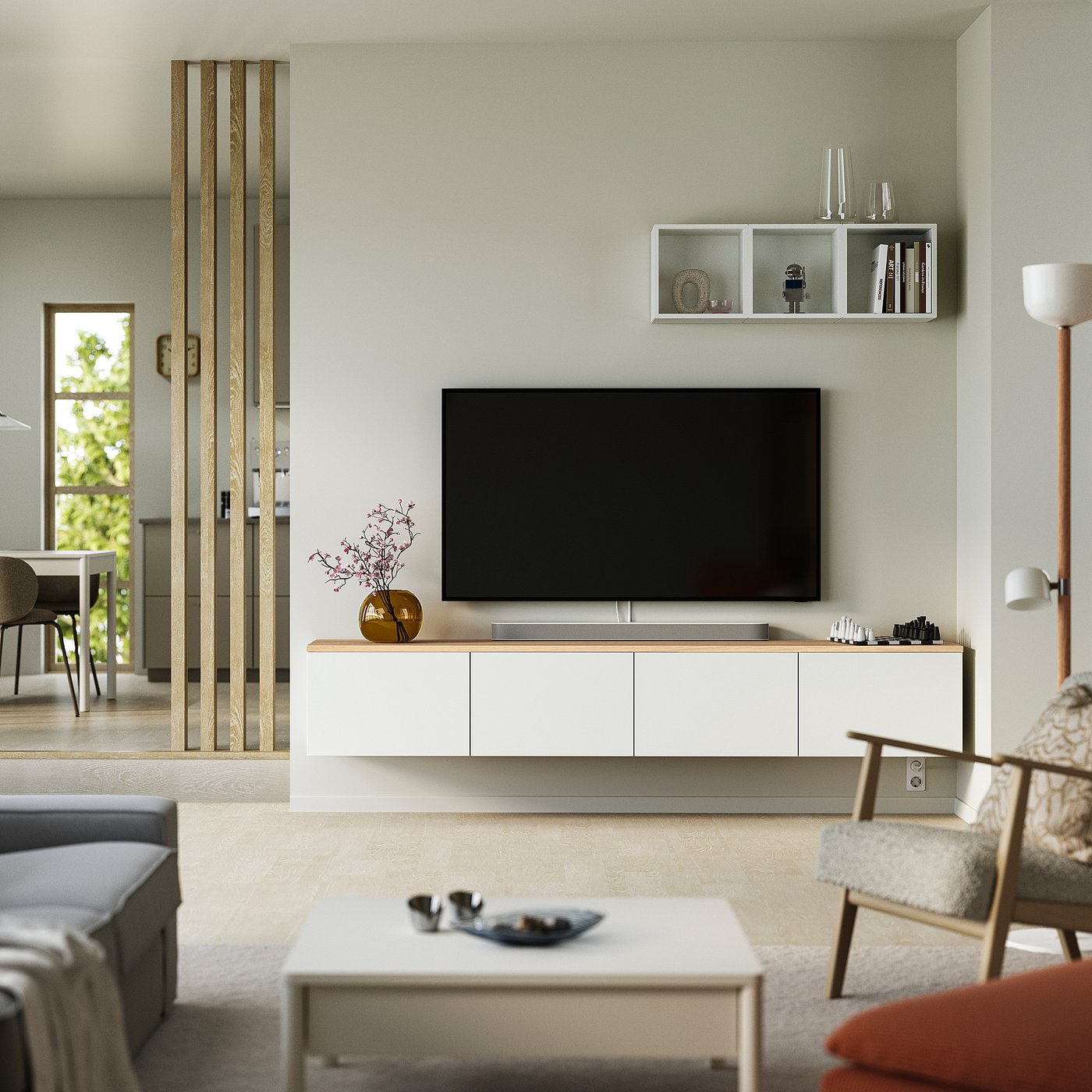 BESTÅ TV bench with doors, white/Lappviken white, 240x42x40 cm