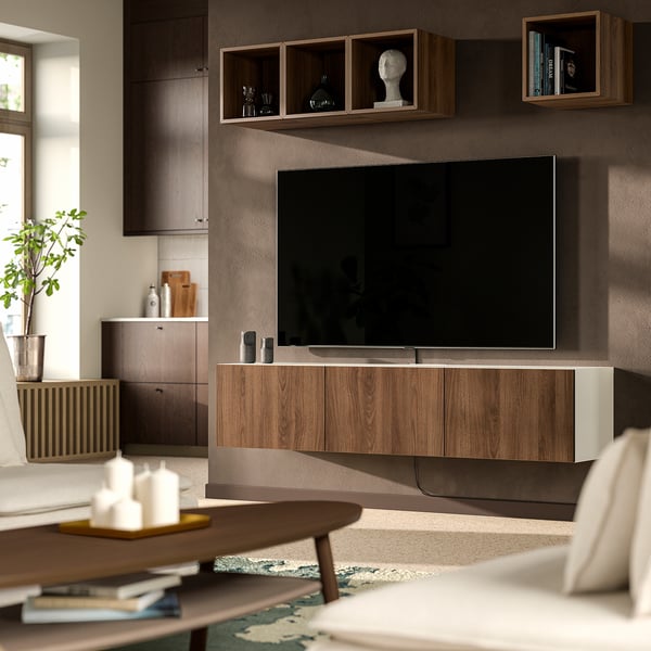 BESTÅ TV bench with doors, white brown/Lappviken walnut effect, 180x42x38 cm