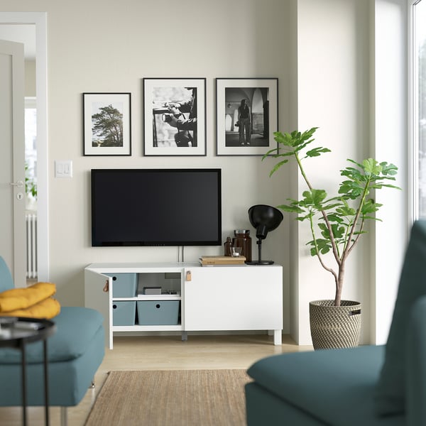 BESTÅ TV bench with doors, white/Lappviken/Stubbarp white, 120x42x48 cm