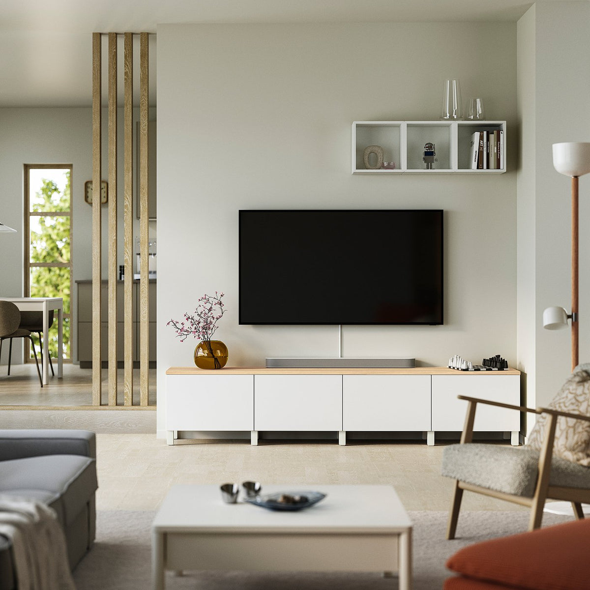 BESTÅ TV bench with doors, white/Lappviken/Stubbarp white, 240x42x50 cm