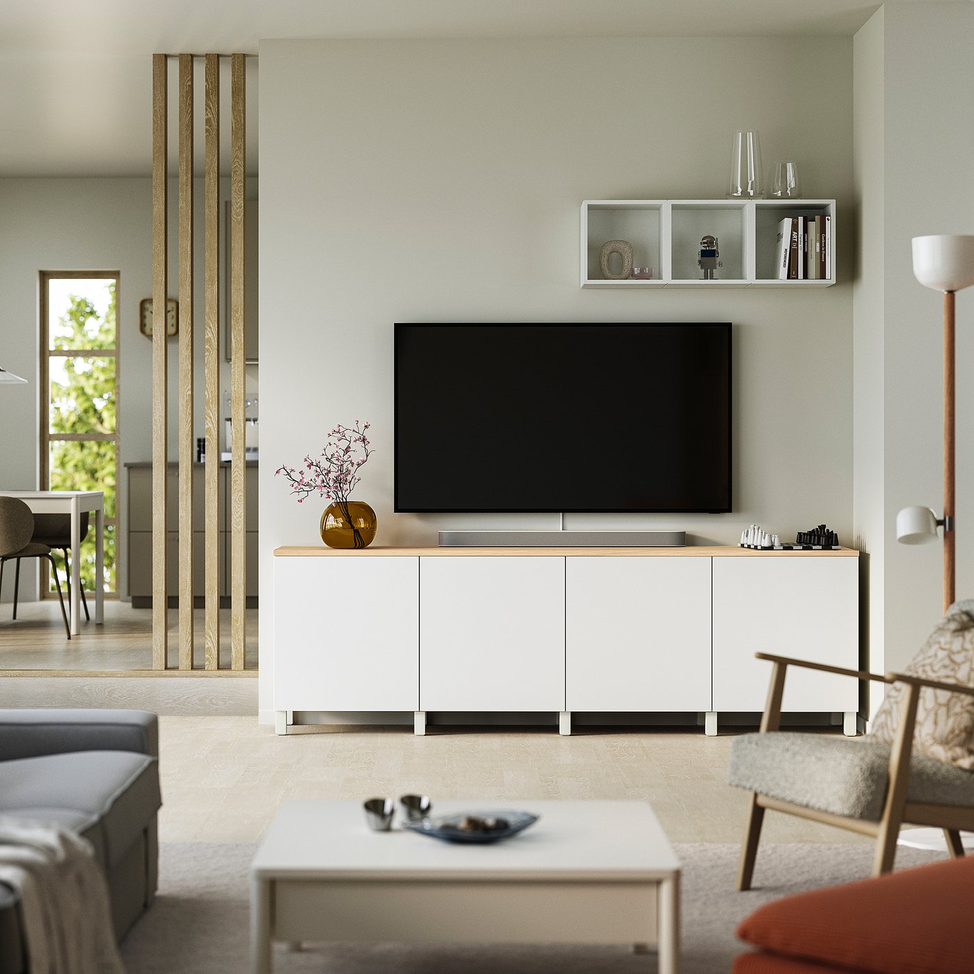 BESTÅ TV bench with doors, white/Lappviken/Stubbarp white, 240x42x76 cm