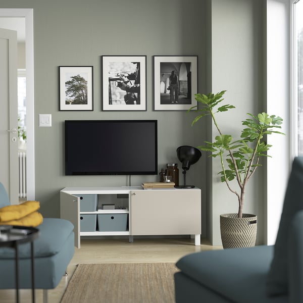 BESTÅ - BESTÅ TV bench with doors, white Lappviken/Stubbarp/light grey/beige, 120x42x48 cm