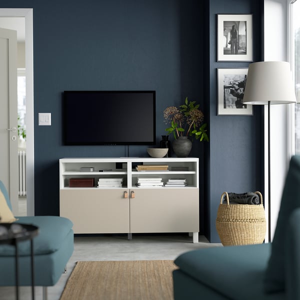 BESTÅ - BESTÅ TV bench with doors, white/Lappviken/Stubbarp light grey/beige, 120x42x74 cm
