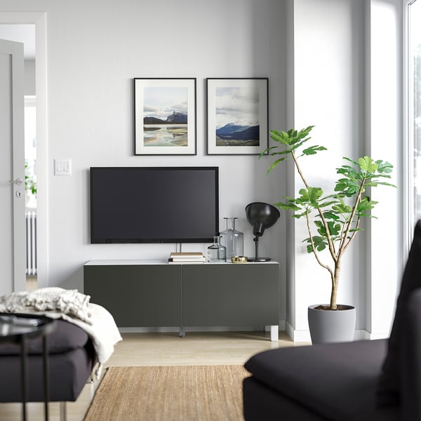 BESTÅ - BESTÅ TV bench with doors, white Lappviken/Stubbarp/dark grey, 120x42x48 cm