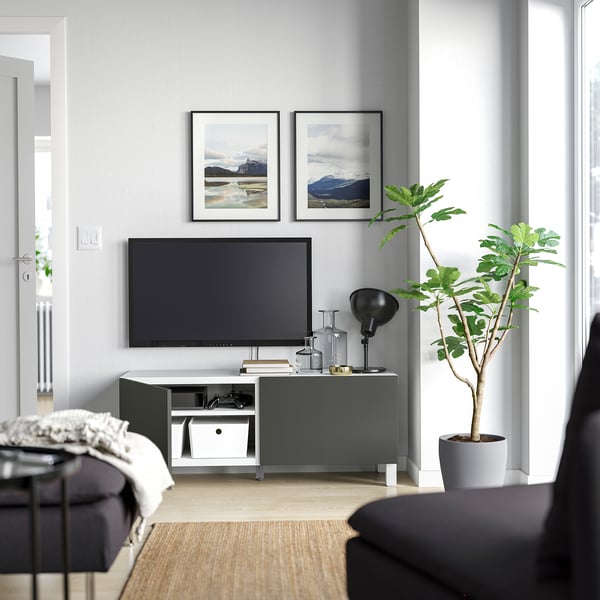 BESTÅ - BESTÅ TV bench with doors, white Lappviken/Stubbarp/dark grey, 120x42x48 cm