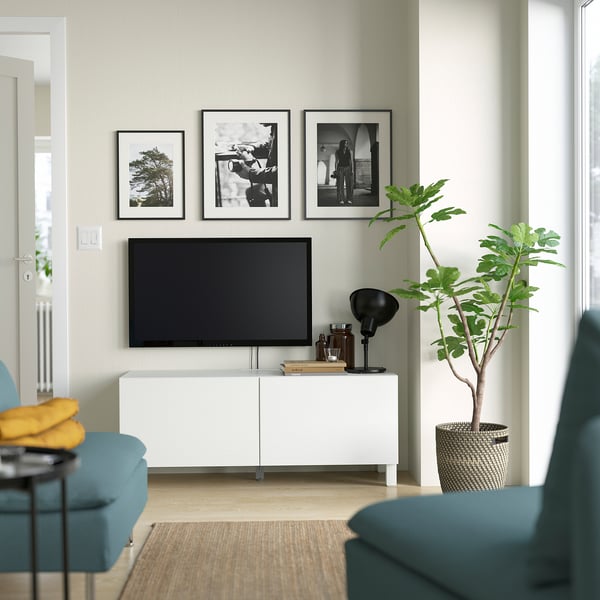 BESTÅ TV bench with doors, white Laxviken/Stubbarp/white, 120x42x48 cm