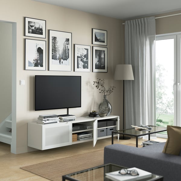 BESTÅ TV bench with doors, white/Mörtviken white, 180x42x38 cm