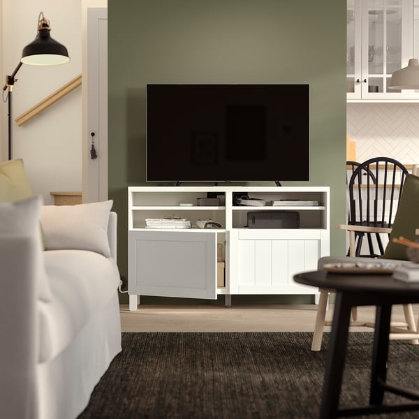BESTÅ TV cabinet with doors, white/Pipmakare white, 120x42x74 cm