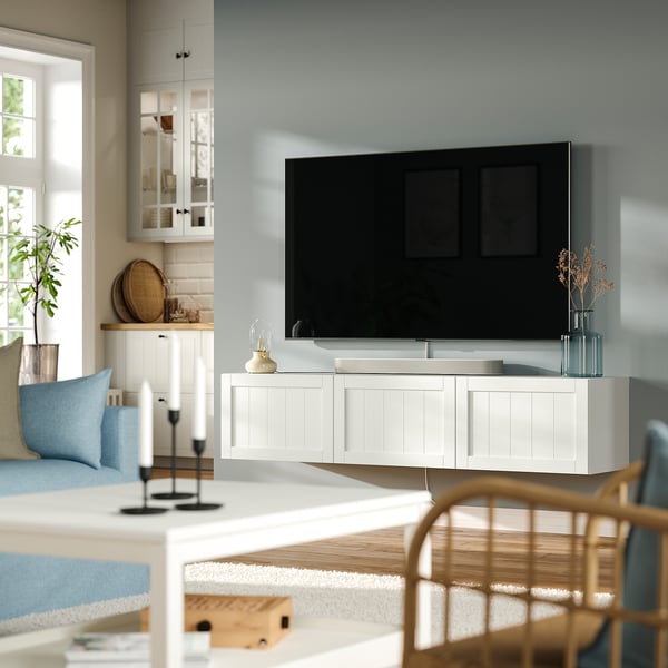 BESTÅ TV bench with doors, white/Pipmakare white, 180x42x38 cm