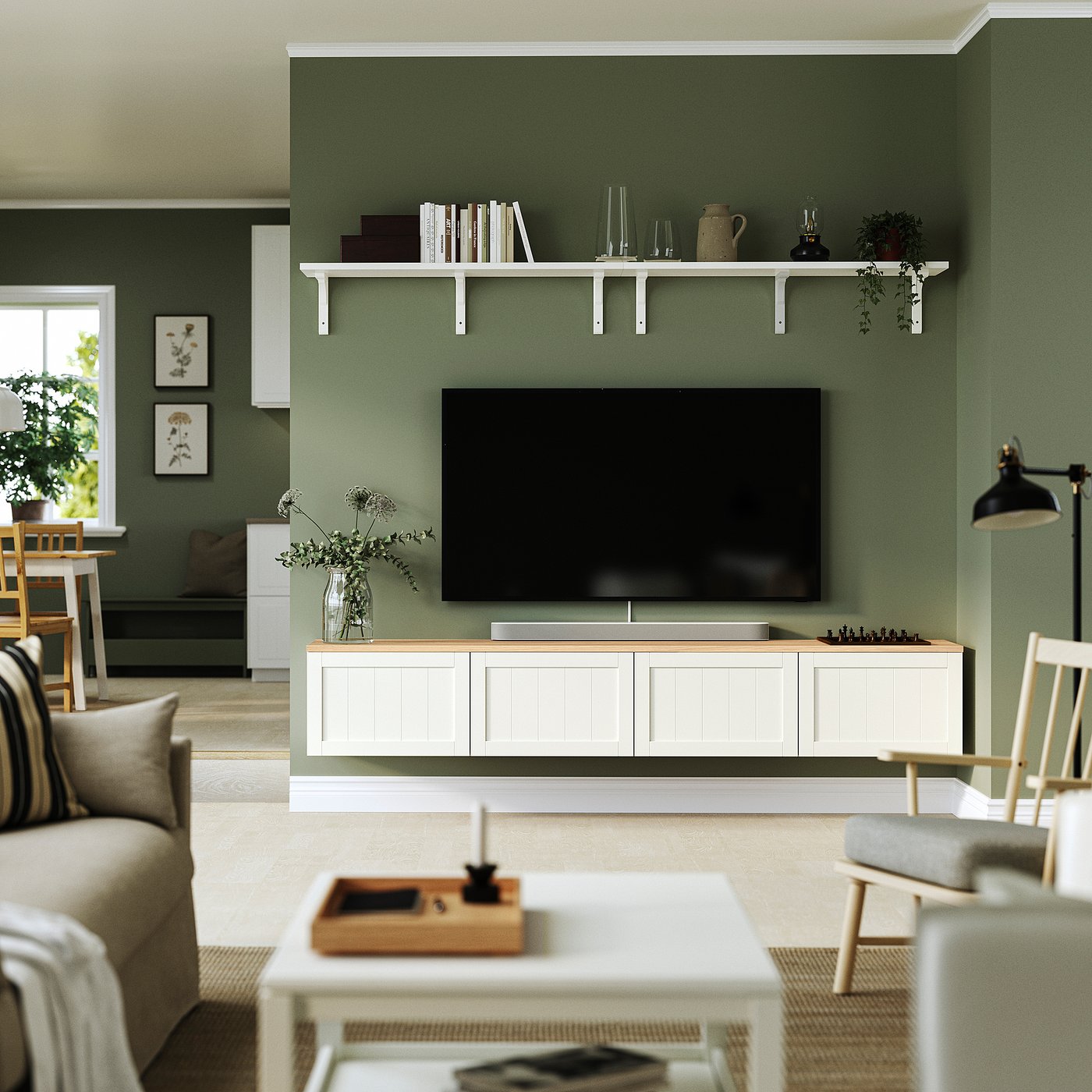 BESTÅ TV bench with doors, white/Pipmakare white, 240x42x40 cm