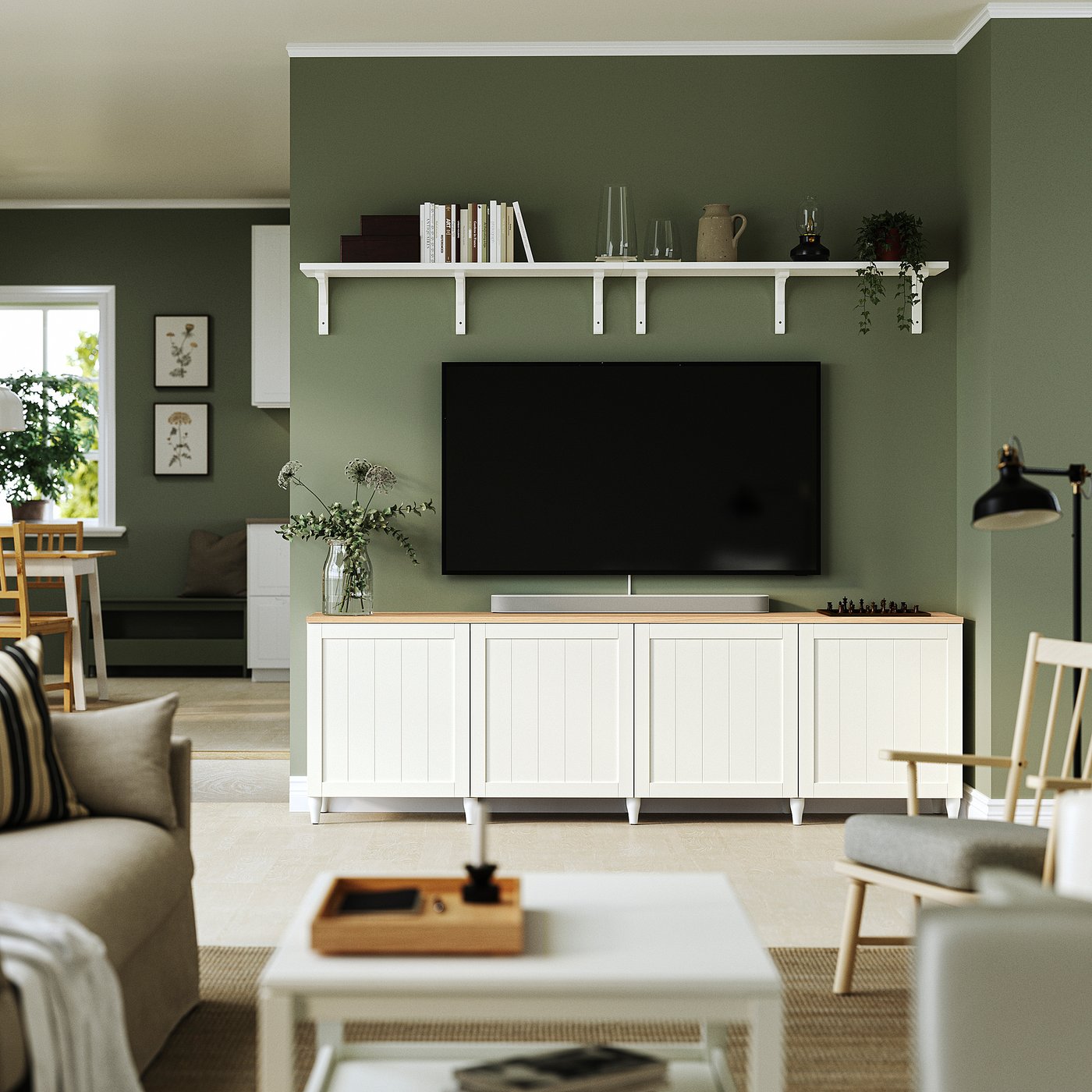 BESTÅ TV bench with doors, white/Pipmakare white, 240x42x76 cm