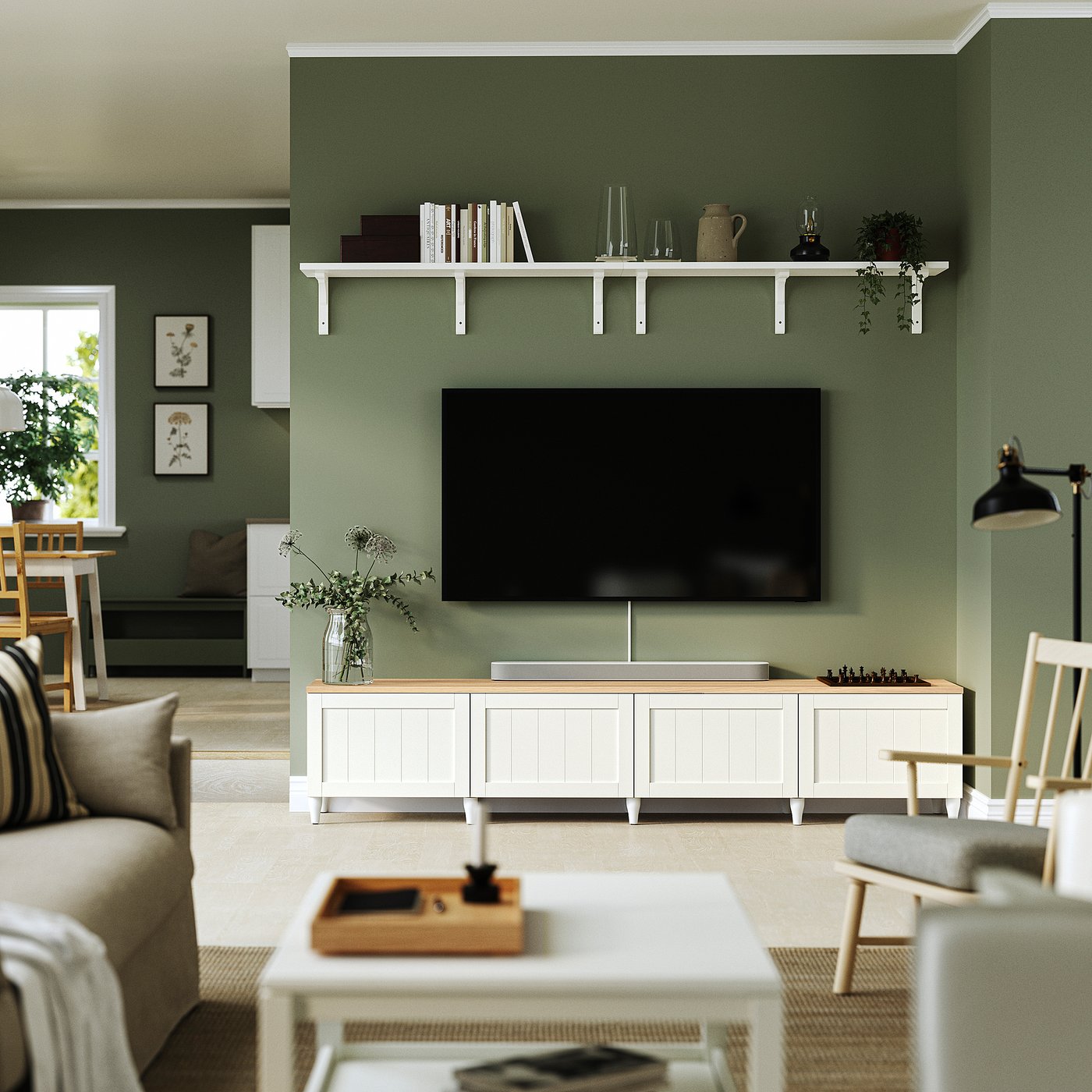 BESTÅ TV bench with doors, white/Pipmakare white, 240x42x50 cm