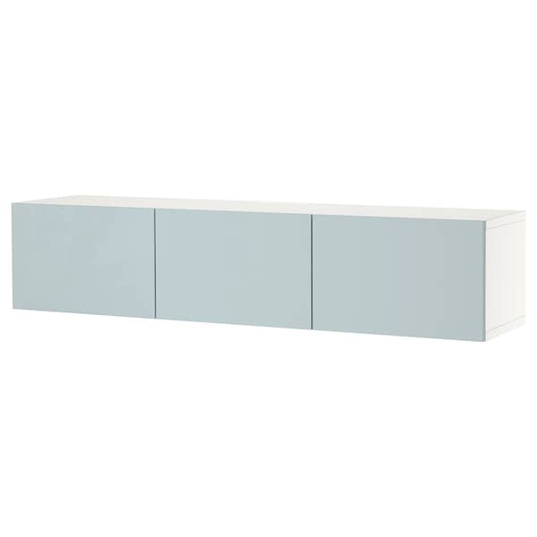 BESTÅ - TV bench with doors, white/Selsviken light grey-blue, 180x42x38 cm