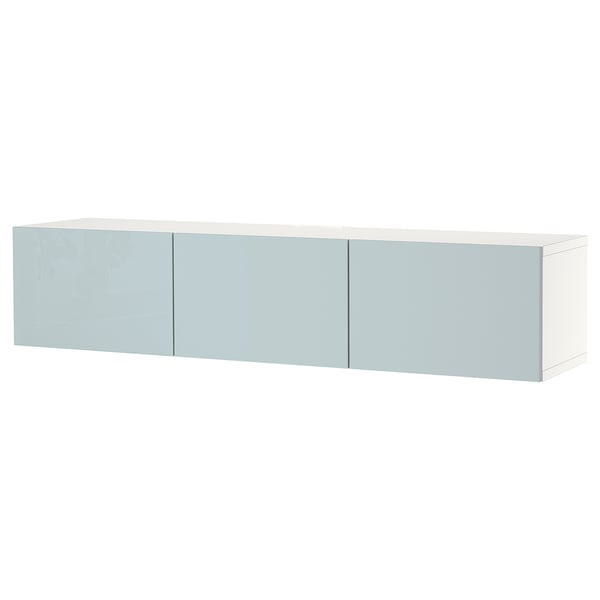 BESTÅ - BESTÅ TV bench with doors, white/Selsviken light grey-blue, 180x42x38 cm