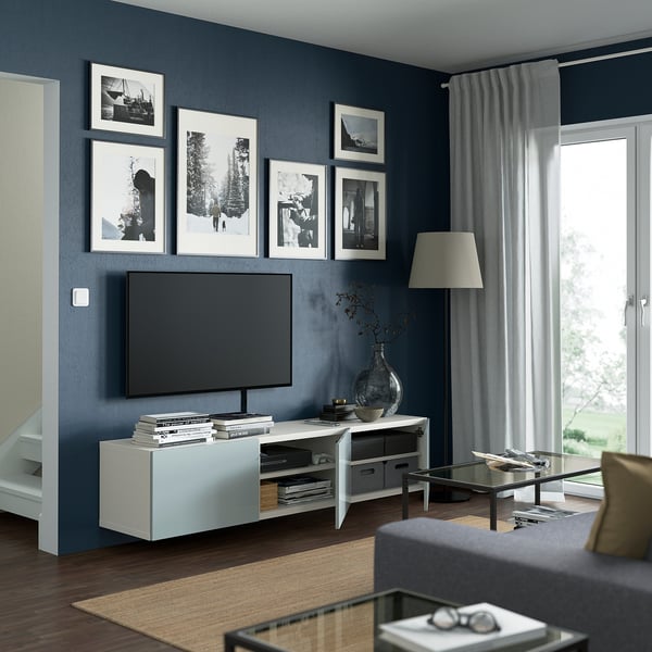 BESTÅ TV bench with doors, white/Selsviken light grey-blue, 180x42x38 cm