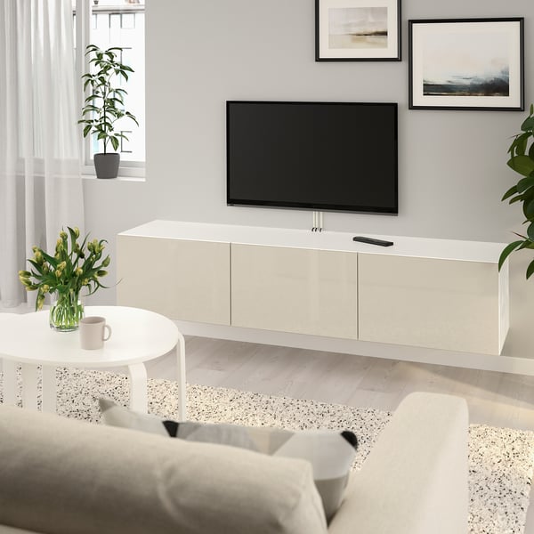 BESTÅ Mobile TV with doors - white/Selsviken glossy/beige 180x42x38 cm