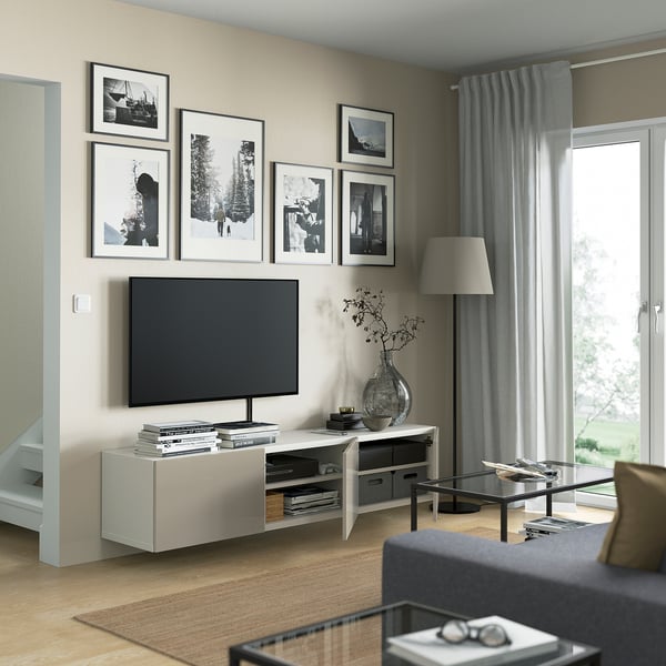 BESTÅ Mobile TV with doors - white/Selsviken glossy/beige 180x42x38 cm