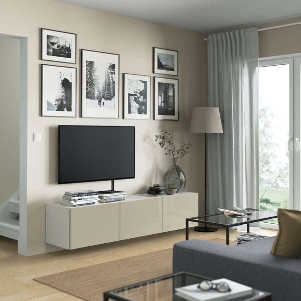 BESTÅ Mobile TV with doors - white/Selsviken glossy/beige 180x42x38 cm