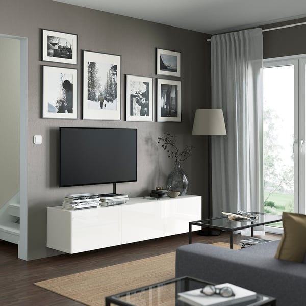 BESTÅ TV bench with doors, white/Selsviken high-gloss/white, 180x42x38 cm