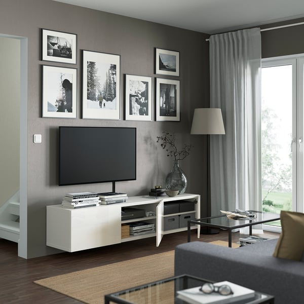 BESTÅ TV bench with doors, white/Selsviken high-gloss/white, 180x42x38 cm