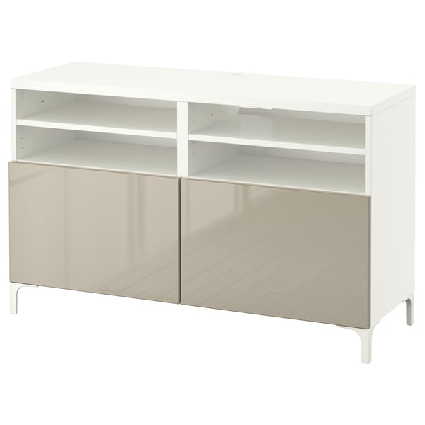 BESTÅ TV bench with doors, white/Selsviken/Nannarp high-gloss/beige, 120x42x74 cm