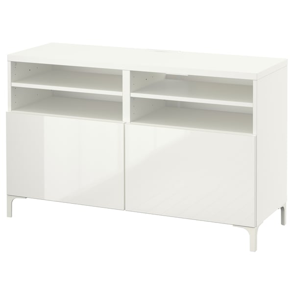 BESTÅ TV bench with doors, white/Selsviken/Nannarp high-gloss/white, 120x42x74 cm