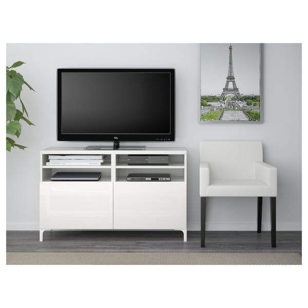 BESTÅ TV bench with doors, white/Selsviken/Nannarp high-gloss/white, 120x42x74 cm
