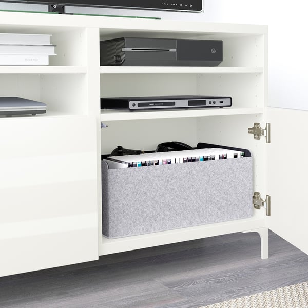 BESTÅ TV bench with doors, white/Selsviken/Nannarp high-gloss/white, 120x42x74 cm