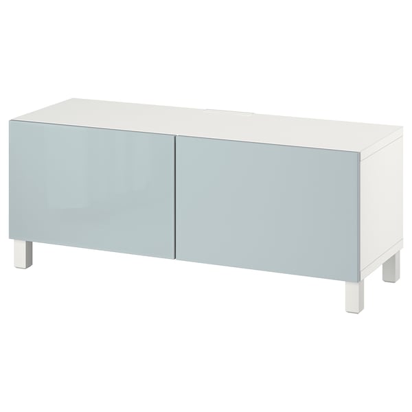 BESTÅ - TV bench with doors, white Selsviken/Stubbarp/light grey-blue, 120x42x48 cm