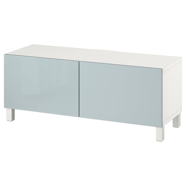 BESTÅ TV bench with doors, white Selsviken/Stubbarp/light grey-blue, 120x42x48 cm