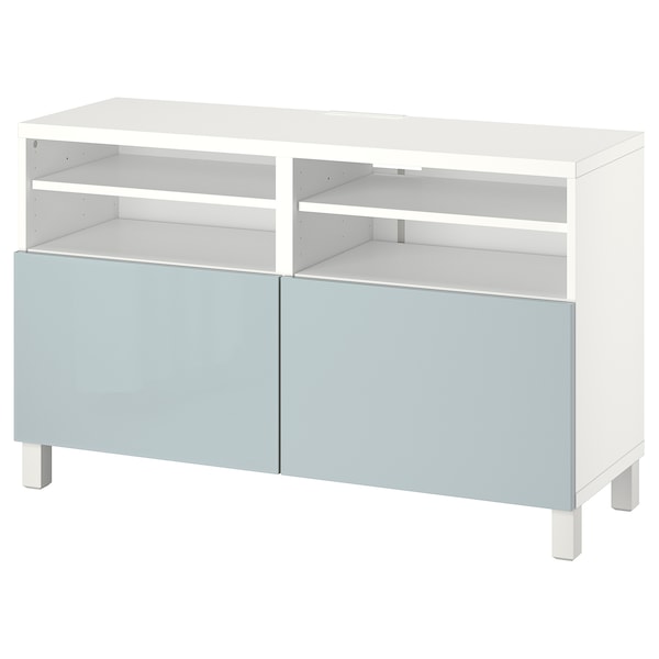 BESTÅ - TV bench with doors, white/Selsviken/Stubbarp light grey-blue, 120x42x74 cm