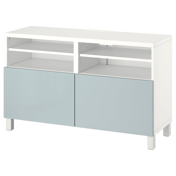 BESTÅ - BESTÅ TV bench with doors, white/Selsviken/Stubbarp light grey-blue, 120x42x74 cm