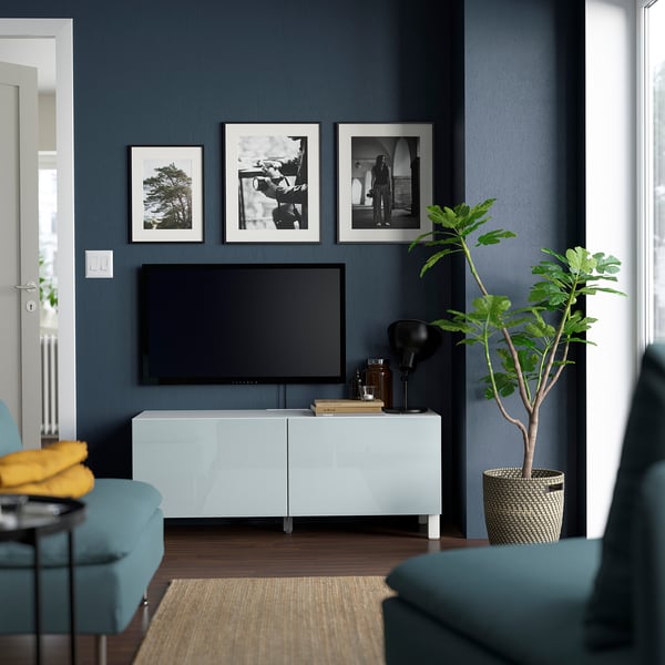 BESTÅ TV bench with doors, white Selsviken/Stubbarp/light grey-blue, 120x42x48 cm