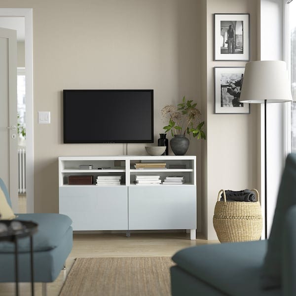 Ikea BESTÅ - TV bench with doors, white/Selsviken/Stubbarp light grey-blue, 120x42x74 cm