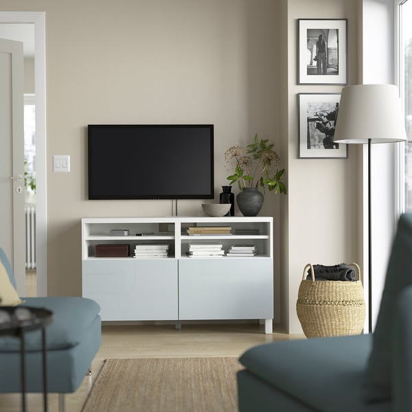 BESTÅ TV bench with doors, white/Selsviken/Stubbarp light grey-blue, 120x42x74 cm