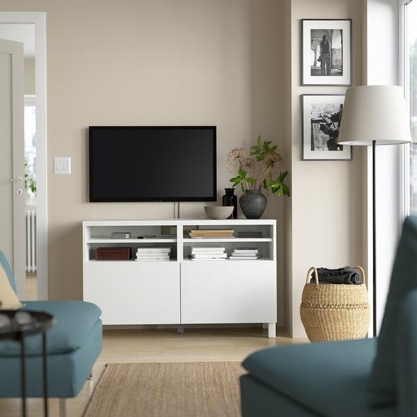 BESTÅ - TV bench with doors, white/Timmerviken/Stubbarp white, 120x42x74 cm