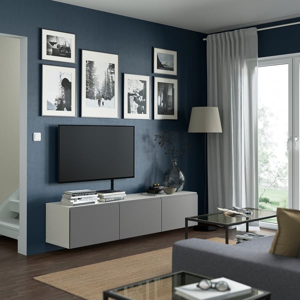 BESTÅ - BESTÅ TV bench with doors, white/Västerviken grey, 180x42x38 cm