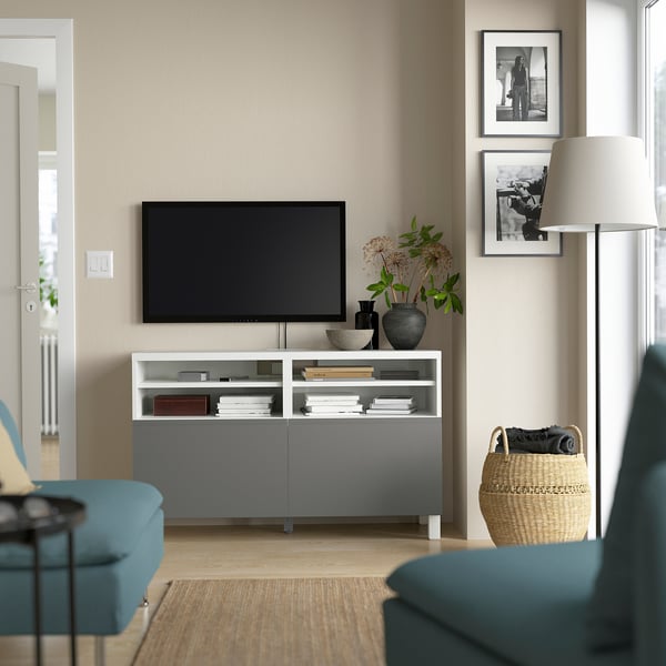 BESTÅ - BESTÅ TV bench with doors, white/Västerviken/Stubbarp dark grey, 120x42x74 cm