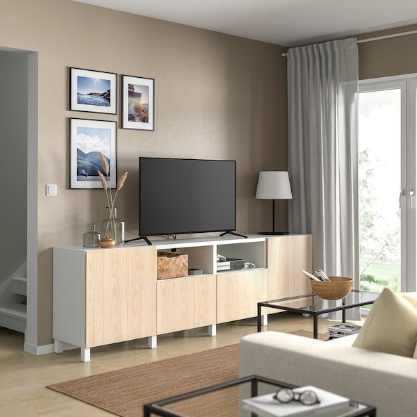 BESTÅ - TV cabinet with doors and drawers, white/Fänrik/Stubbarp ashwood,240x42x74 cm