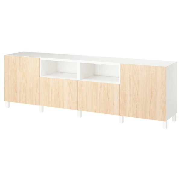 BESTÅ - TV cabinet with doors and drawers, white/Fänrik/Stubbarp ashwood,240x42x74 cm