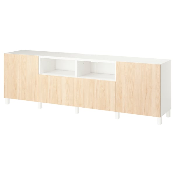 BESTÅ TV bench with doors and drawers, white/Fänrik/Stubbarp ash, 240x42x74 cm