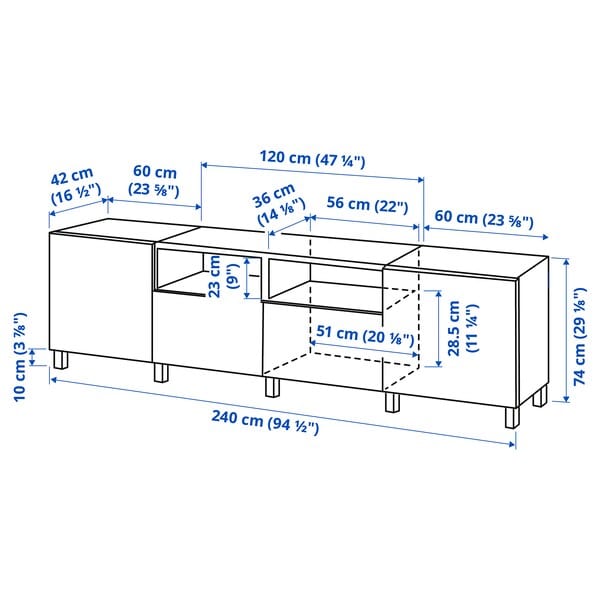 Ikea BESTÅ - TV bench with doors and drawers, white/Hammarsmed/Stubbarp anthracite, 240x42x74 cm
