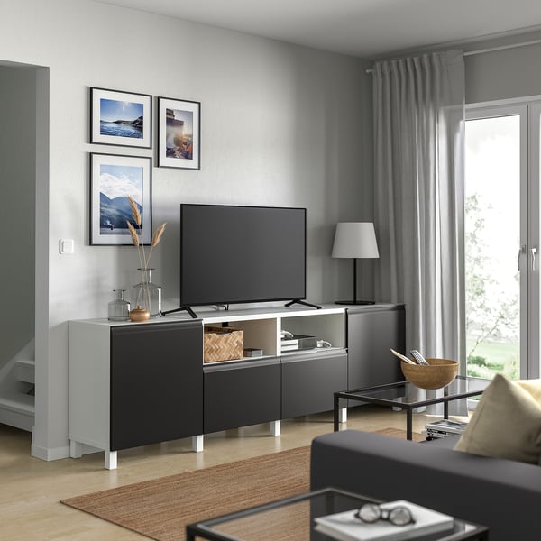 BESTÅ TV bench with doors and drawers, white/Hammarsmed/Stubbarp anthracite, 240x42x74 cm