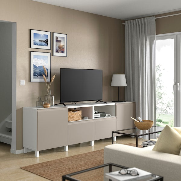 BESTÅ - TV bench with doors and drawers, white/Hammarsmed/Stubbarp beige, 240x42x74 cm