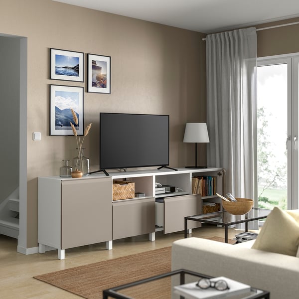 BESTÅ - BESTÅ TV bench with doors and drawers, white/Hammarsmed/Stubbarp beige, 240x42x74 cm