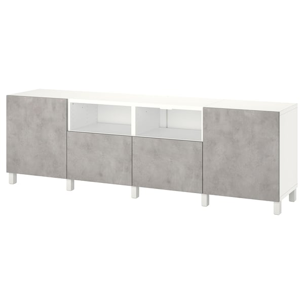 BESTÅ TV bench with doors and drawers, white/Kallviken/Stubbarp light grey, 240x42x74 cm